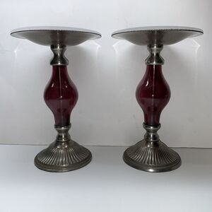 PAIR PILLAR AMETHYST & PEWTER CANDLE HOLDERS